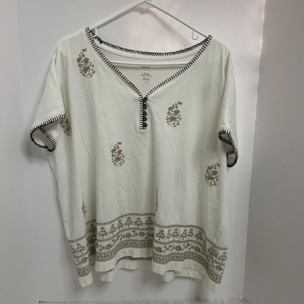 Pure Jill Womens L Embroidered V Neck T Shirt Top White Taupe Floral Boxy *READ*